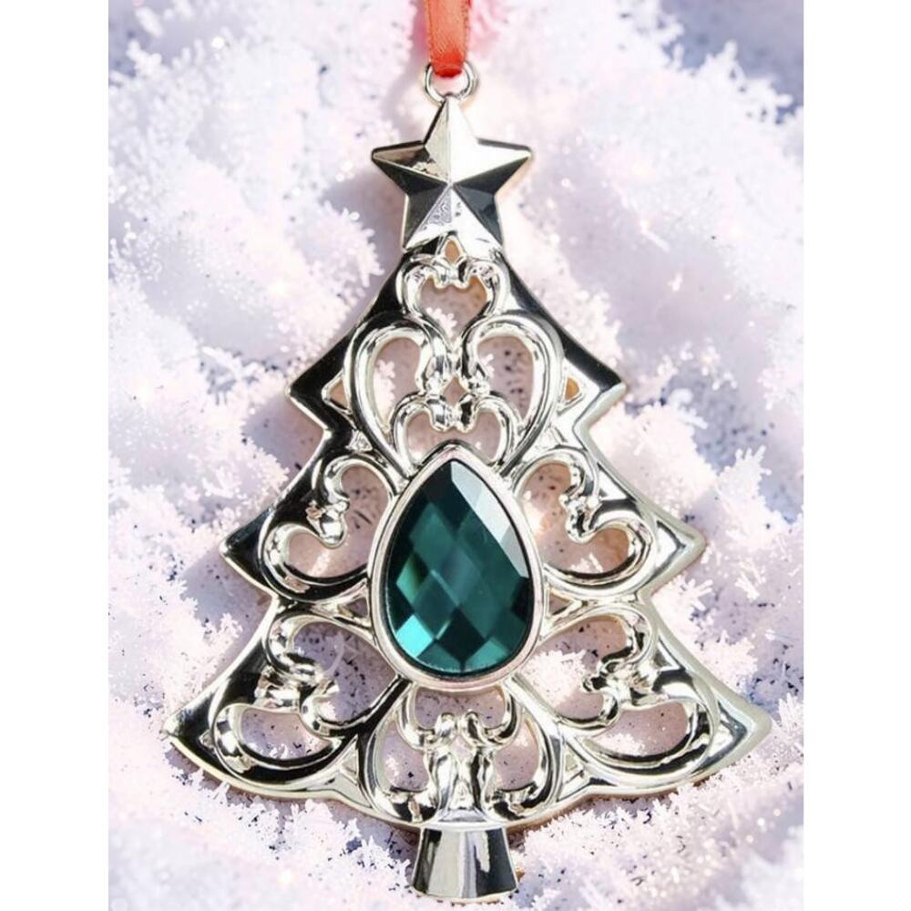 Lenox Gemmed Bejeweled Tree Ornament Emerald Green Crystal Silverplate Gift